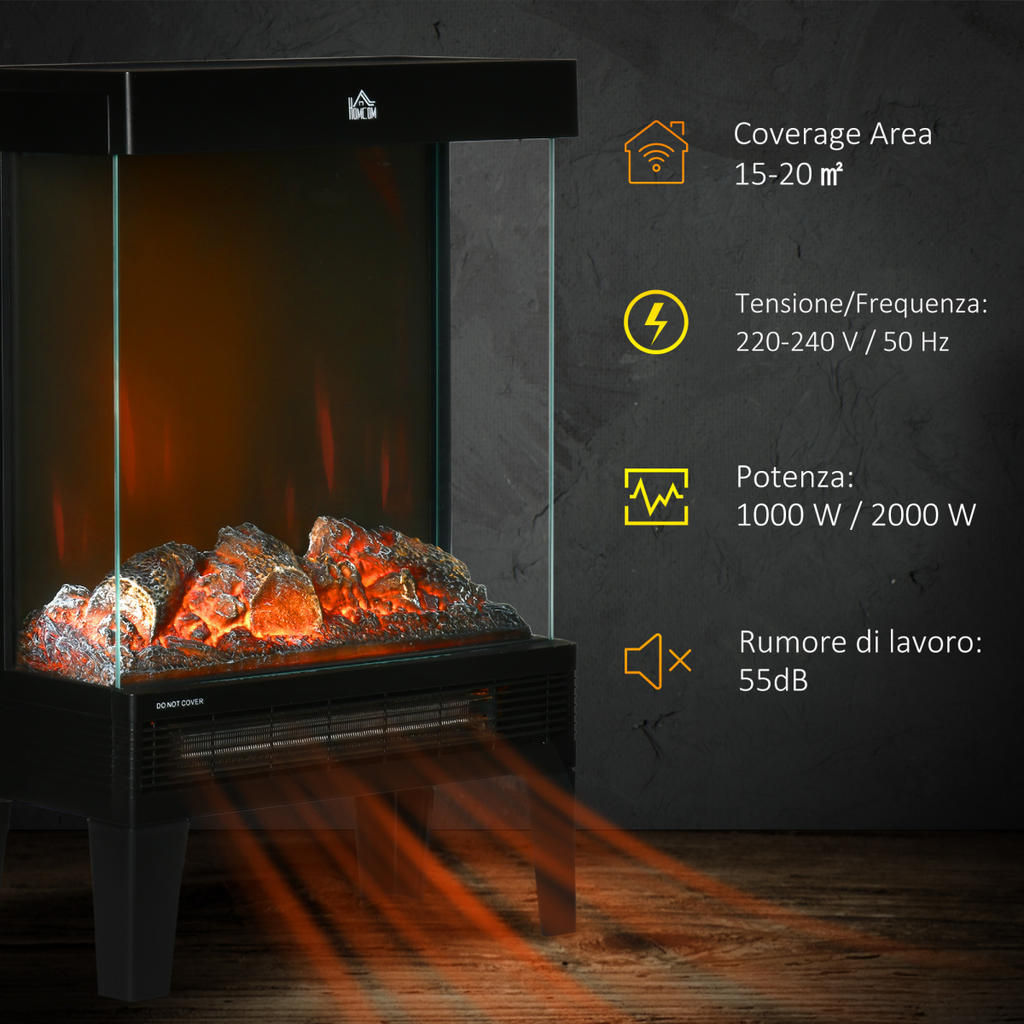 Fireplace Heater, Quiet LED Flame Effect Overheating Protection 1000/2000W
