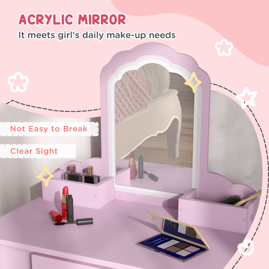 ZONEKIZ Kids Dressing Table Cloud Design with Mirror Stool Drawer Storage Boxes