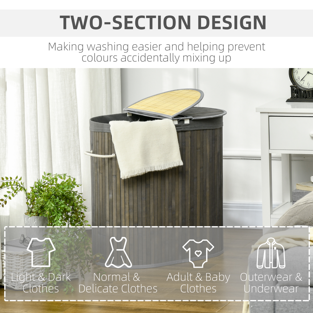 100L Bamboo Laundry Basket with 2 Compartments Washing Baskets Grey HOMCOM