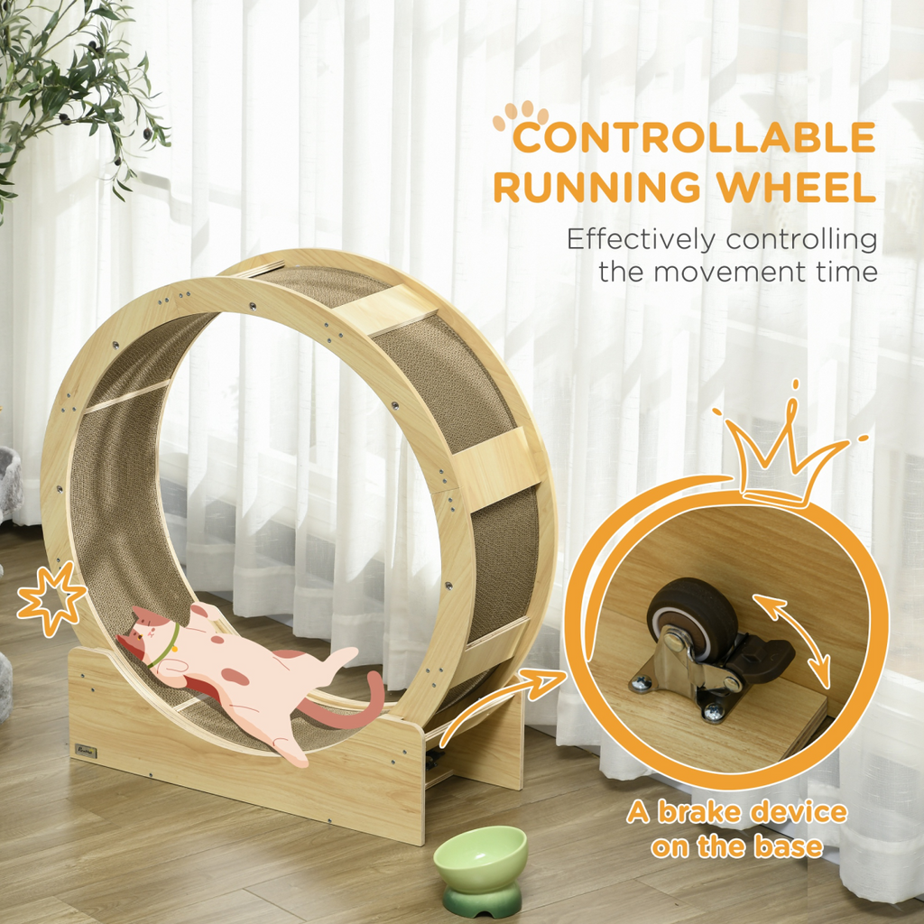 PawHut Cat Wheel with Brake, Scratching Pads for Health, Oak