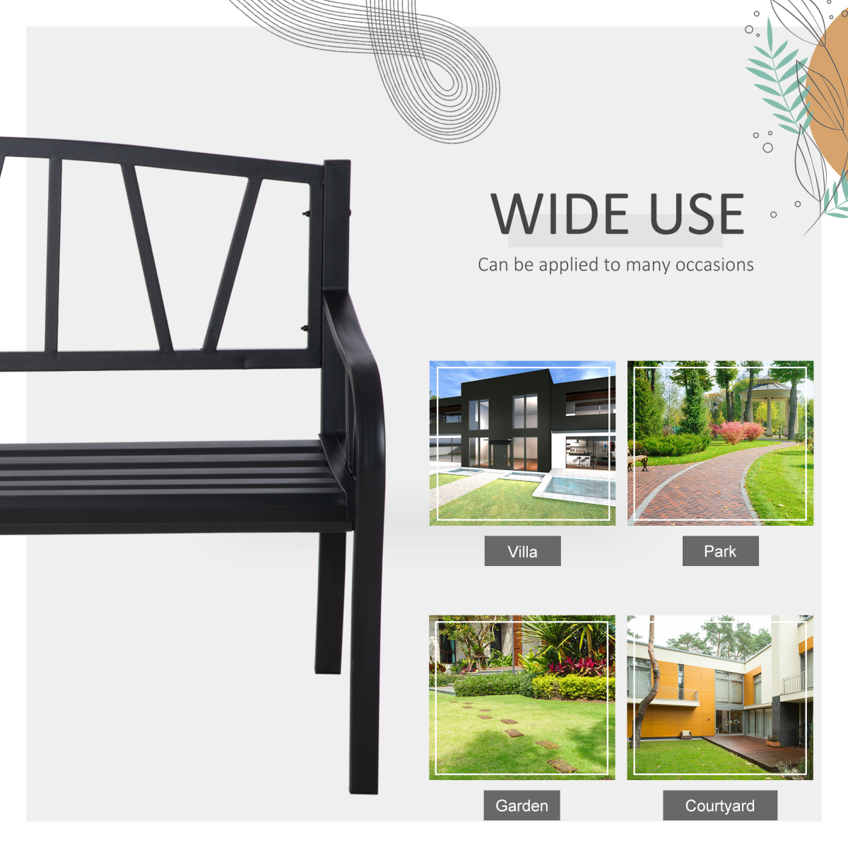 2-Seater Bench Solid Metal Loveseat Decorative Backrest Ergonomic Armrest