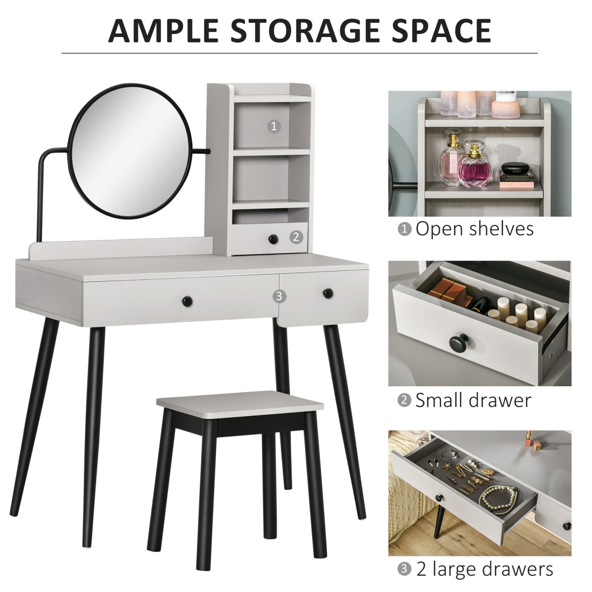 Dressing Table Set with 3 Drawers, Storage shelves and Stool, Grey