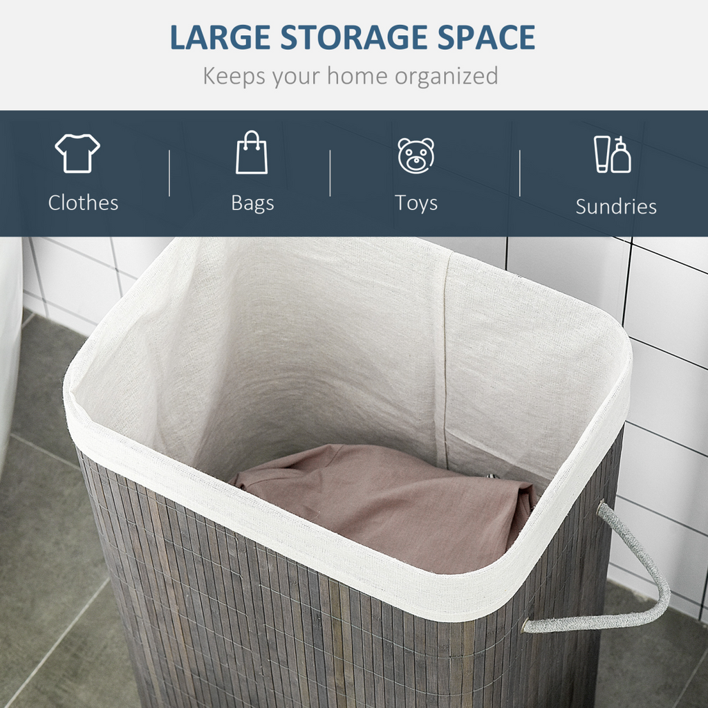 Bamboo Laundry Basket with Flip Lid Foldable, Grey Handles Lining