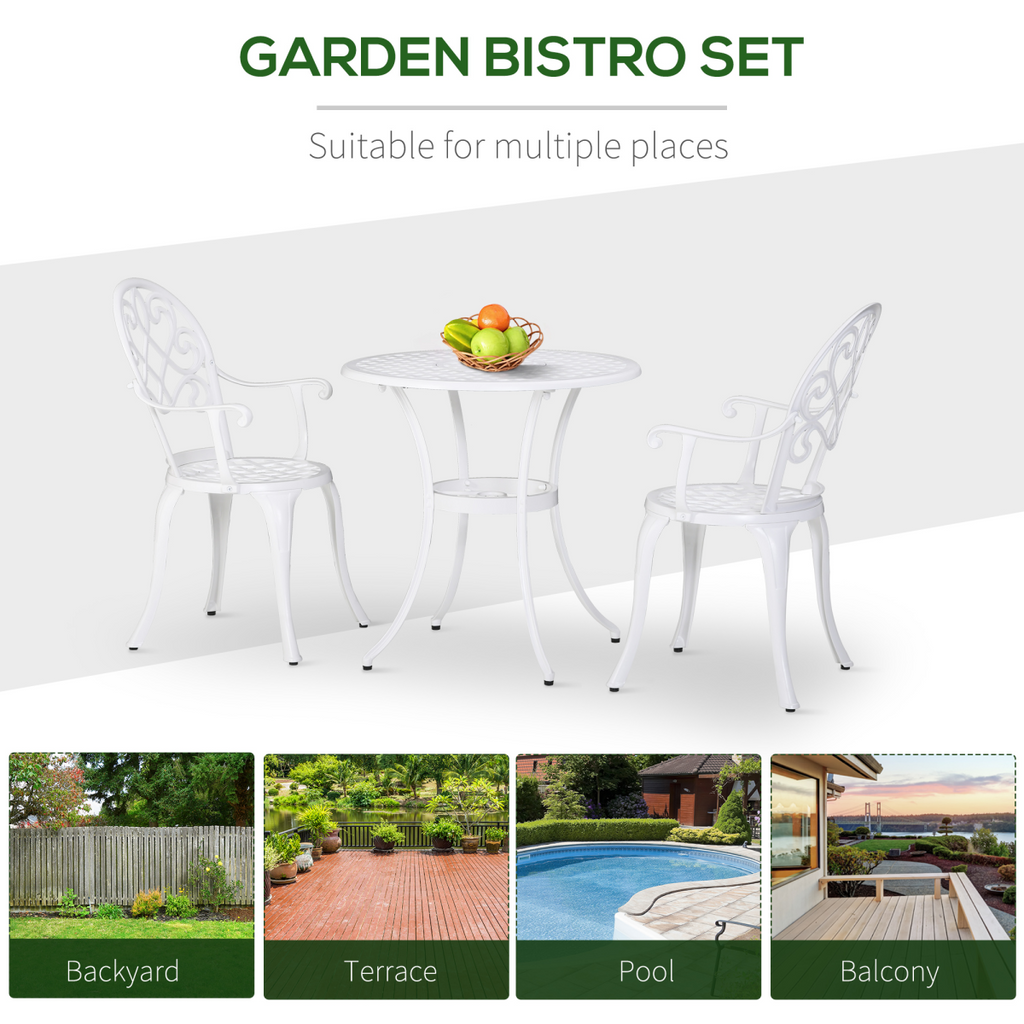Outsunny 3PCs Garden Bistro Set Cast Aluminium Round Table with 2 Chairs White