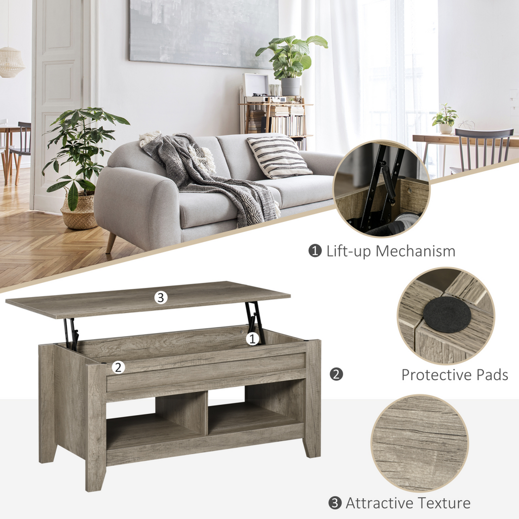 HOMCOM Lift Top Coffee Table w/  Hidden Storage Compartment & Shelves Oak