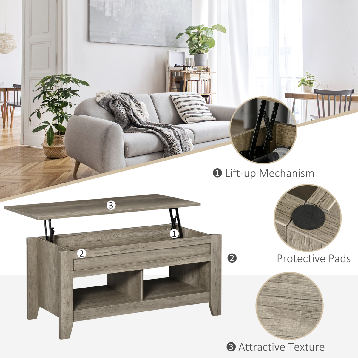HOMCOM Lift Top Coffee Table w/  Hidden Storage Compartment & Shelves Oak