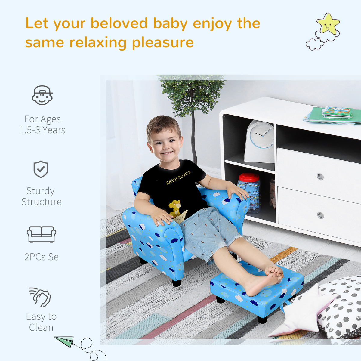 Cute Cloud Star Child Armchair Seat Wood Frame with Footrest Padding Blue