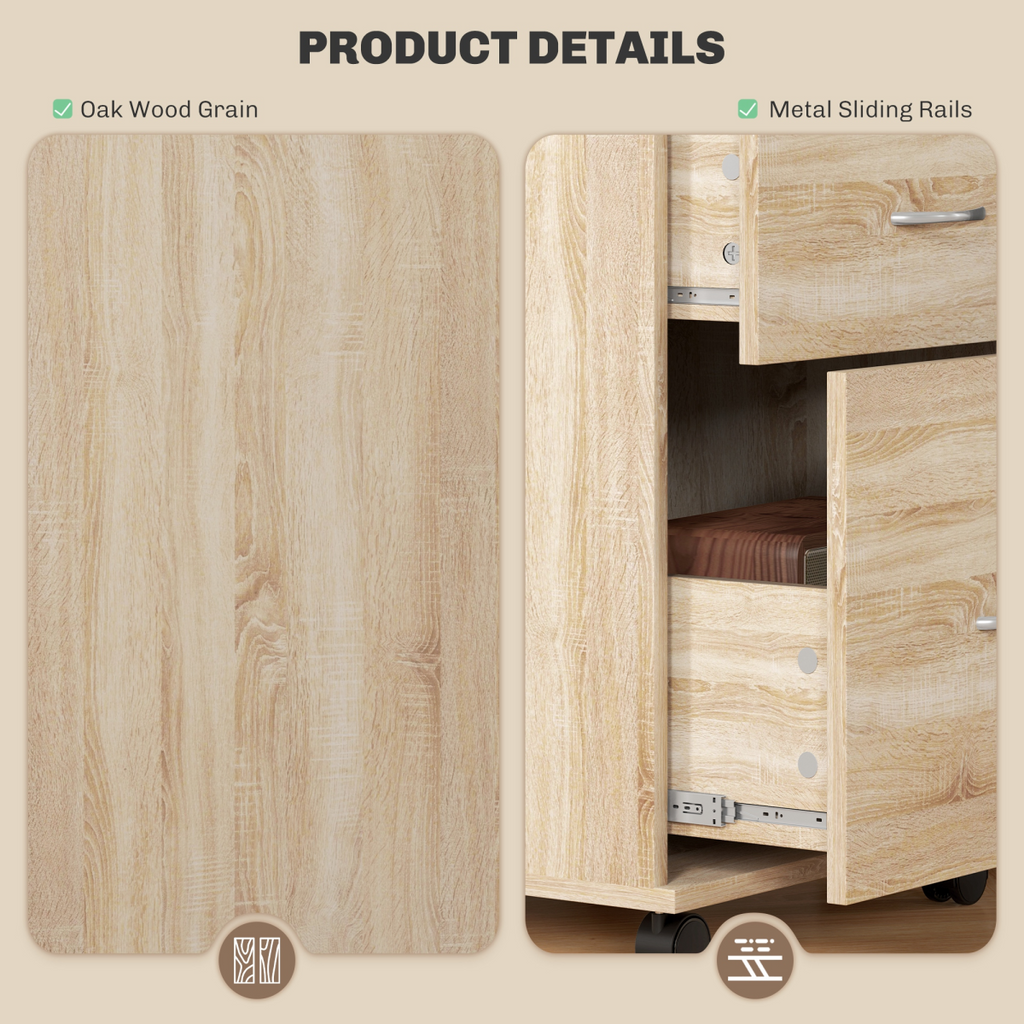 HOMCOM Pedestal Office Mobile Filing Cabinet 2 Drawer Wooden Storage Oak