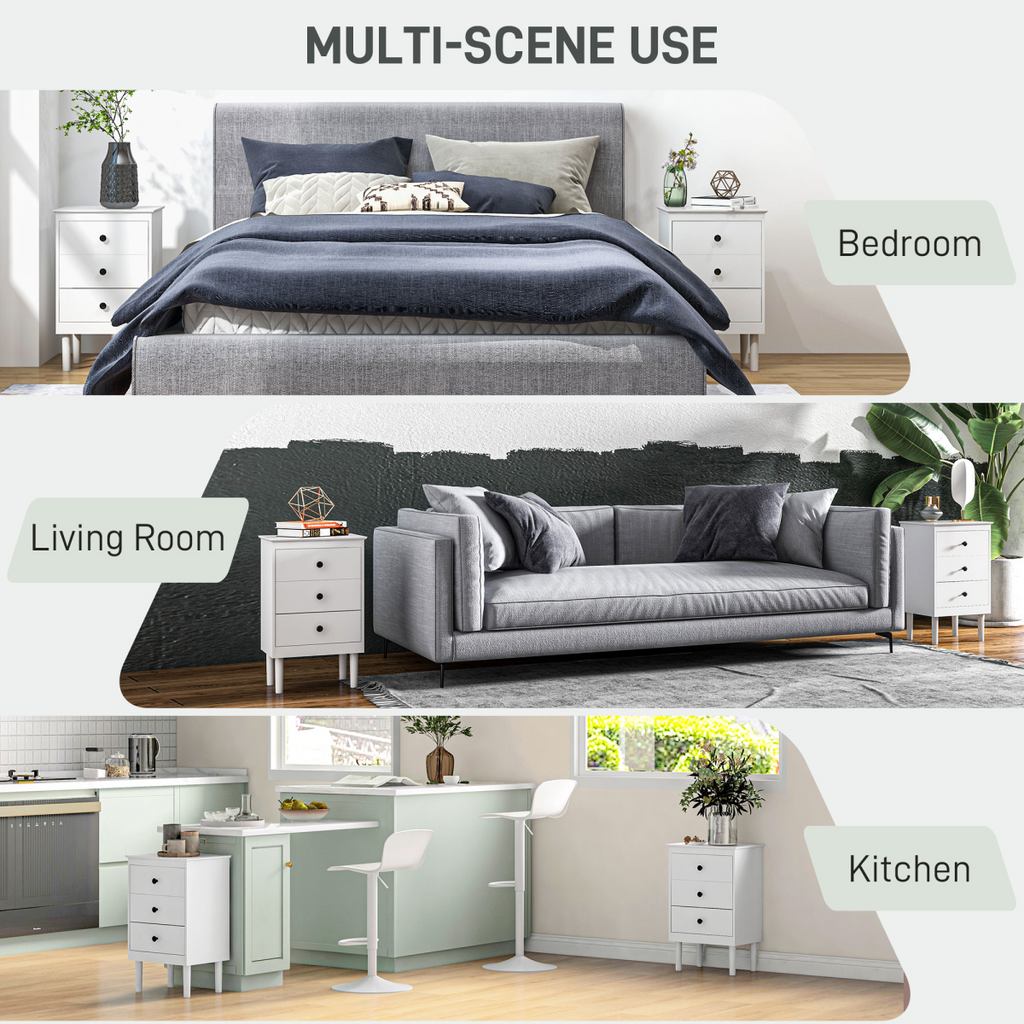 HOMCOM Bedside Table Set of 2, Bedside Cabinet w/ 3 Drawers, Modern Side Table,