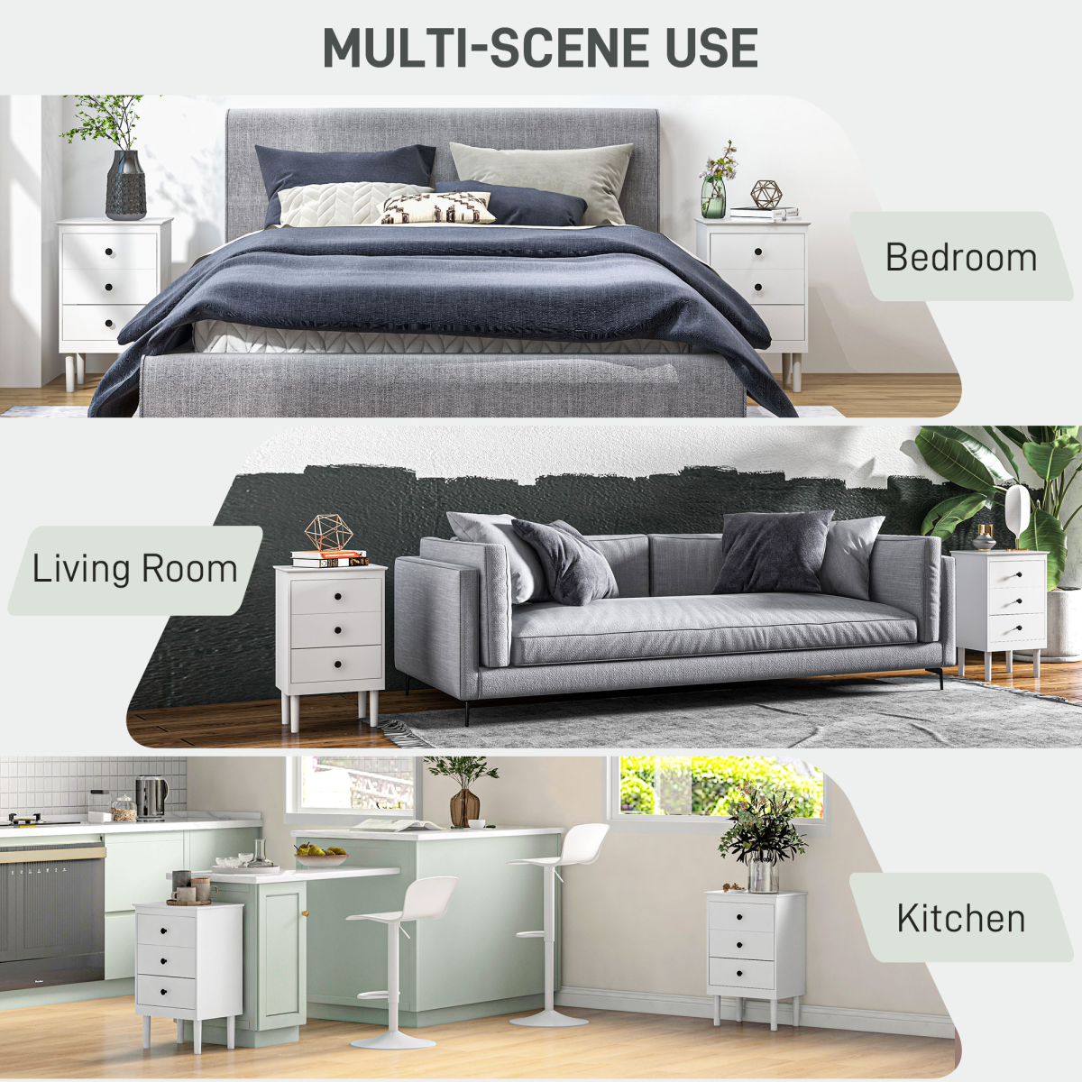 HOMCOM Bedside Table Set of 2, Bedside Cabinet w/ 3 Drawers, Modern Side Table,