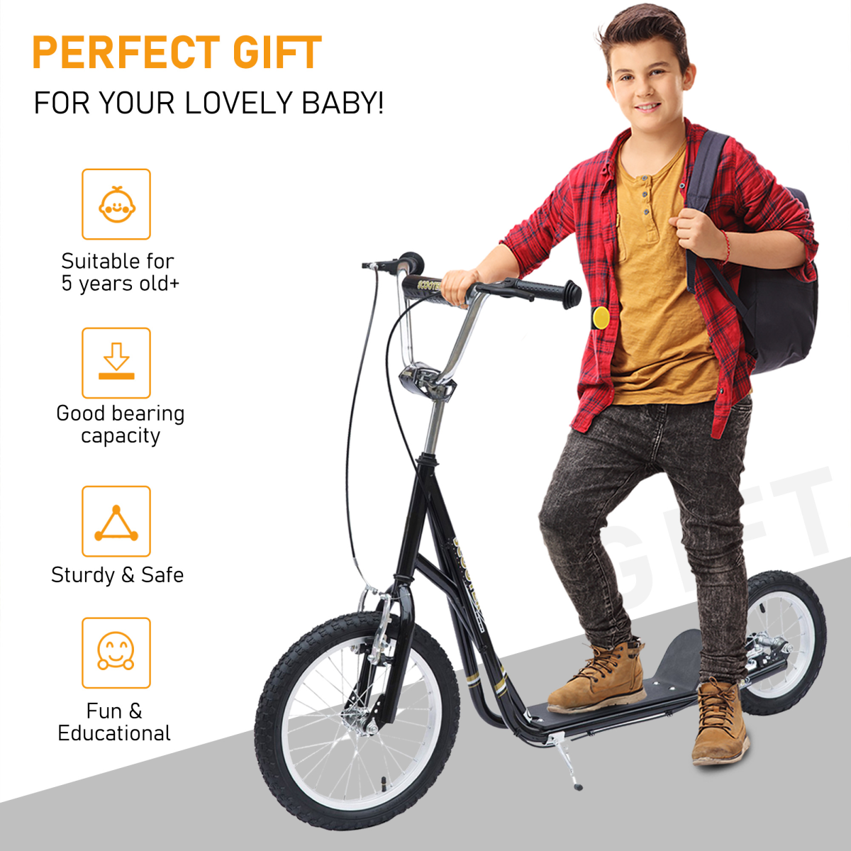 HOMCOM Teen Scooter Adjustable Height Dual Brakes Rubber Wheels Kickstand