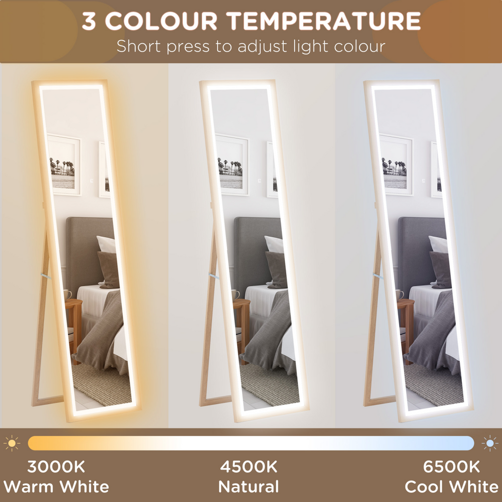 HOMCOM Dimming Full Length Mirror w/ Lights Standing Leaning Wall Mount Oak