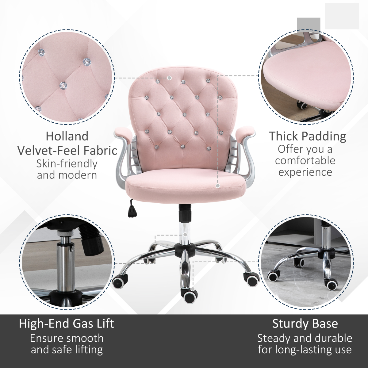 Office Chair Luxury Velour Diamond Tufted Padded Ergonomic 360 – Swivel Pink