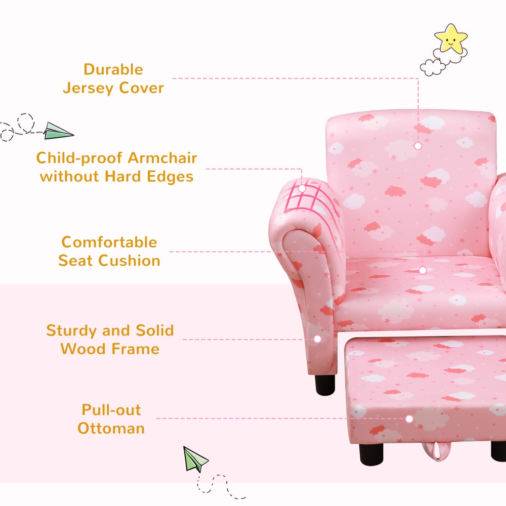 Cute Cloud Star Kids Children Armchair Mini Seat Wood with Footrest Padding Pink