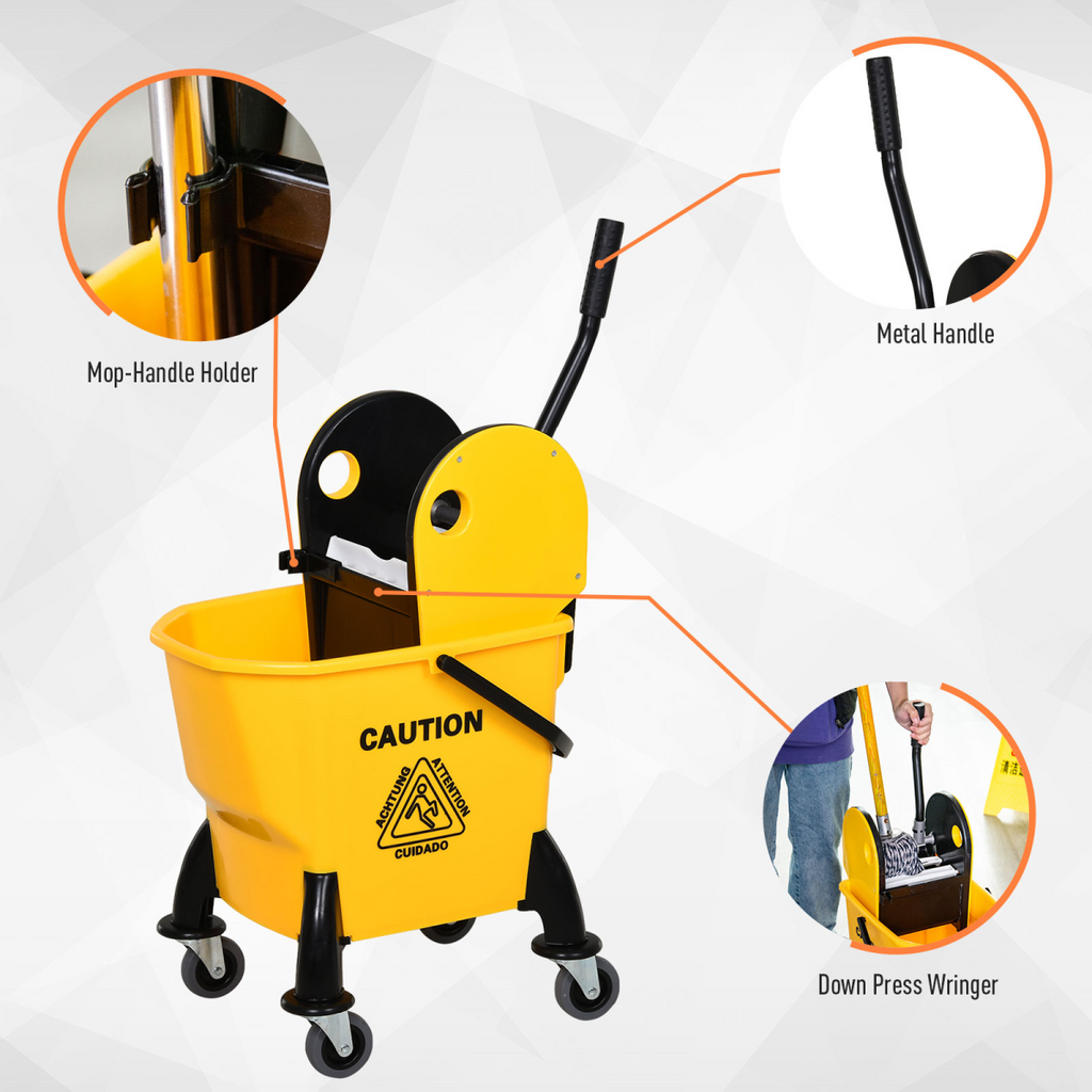 26L Mop Bucket & Water Wringer Wheels Plastic Body Metal Handle Yellow