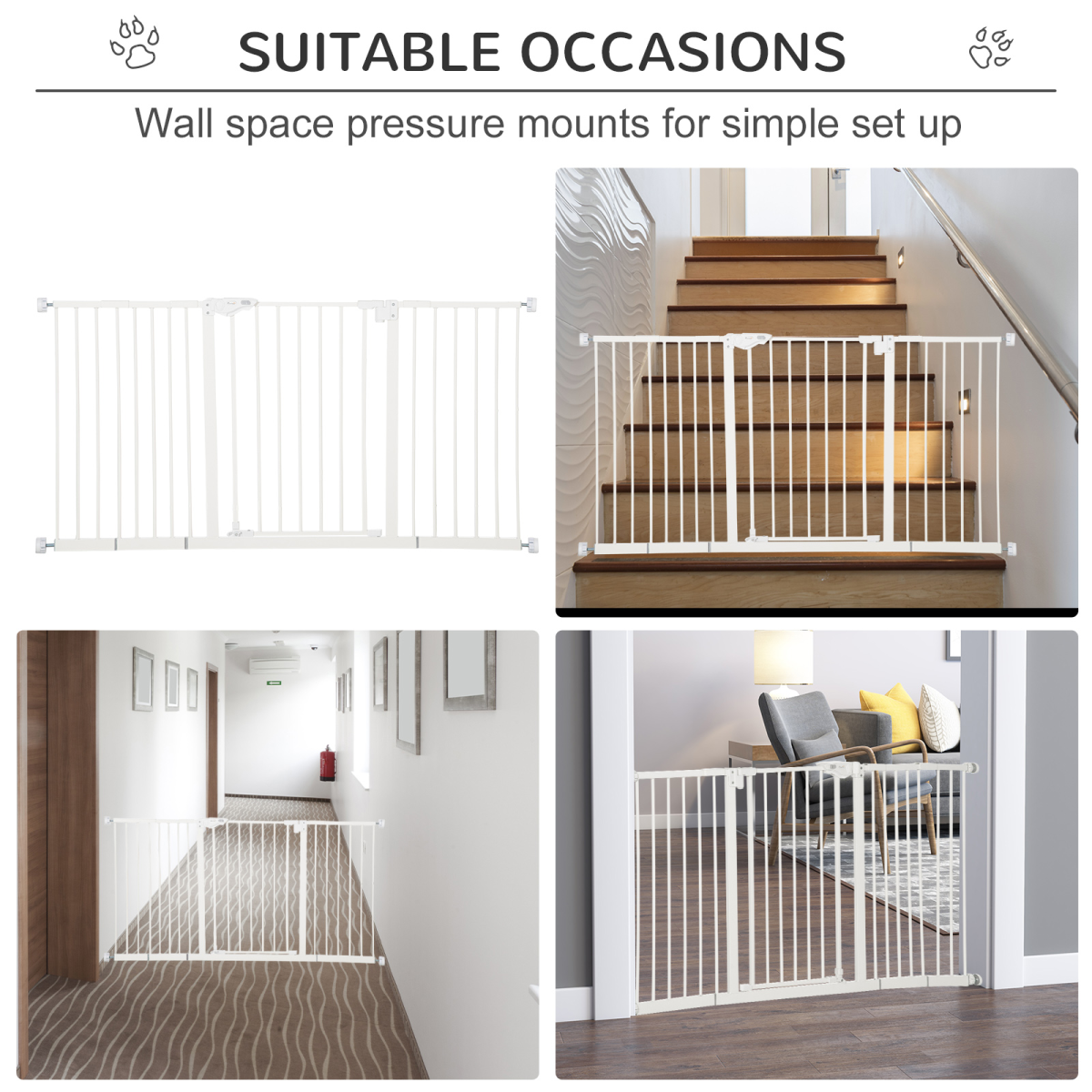 Adjustable Safety Gate 3 Extensions and Four Adjustable Screws, White PawHut