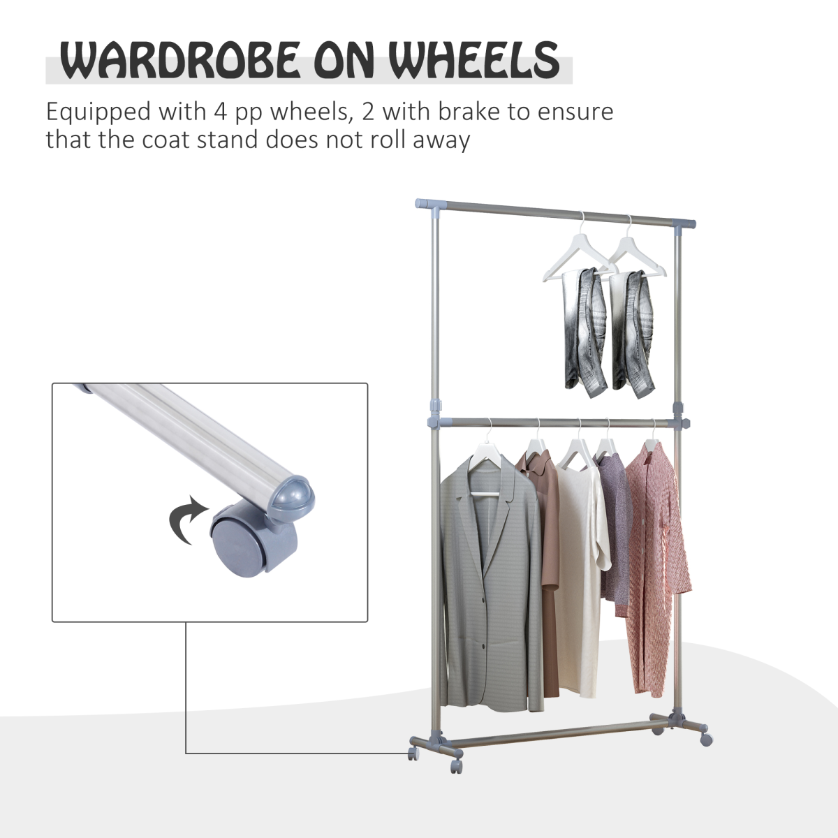 Clothes Hanger with Wheels, Heavy Duty-Silver/Grey