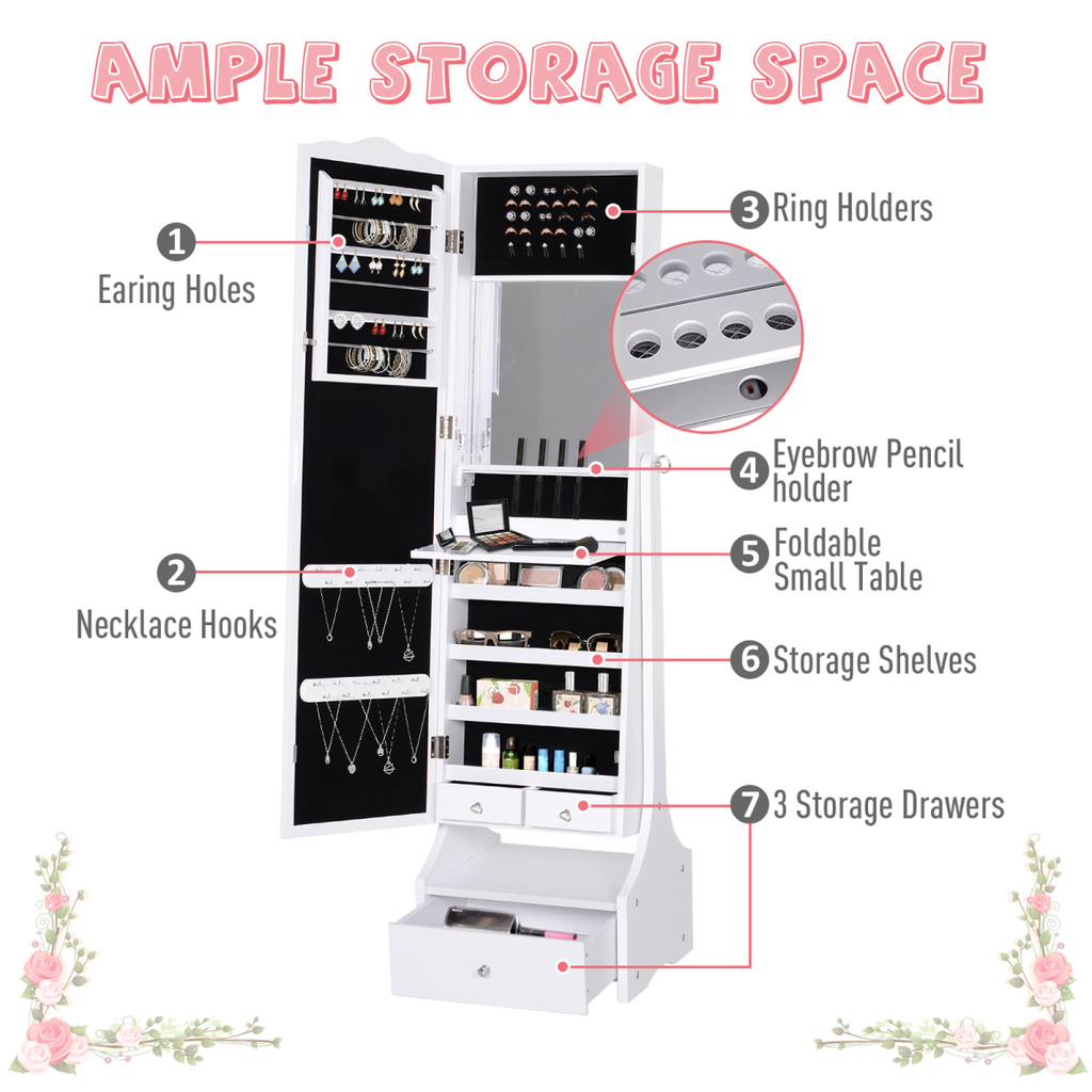 Mirrored Jewelry Cabinet Armoire Floor Standing  Lock, LED Light White