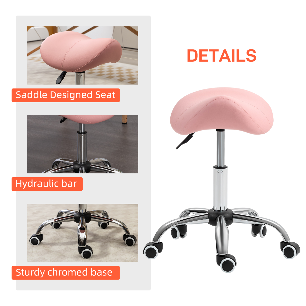 HOMCOM PU Leather Saddle Stool with Moulded Padded Seat Adjustable Height Pink