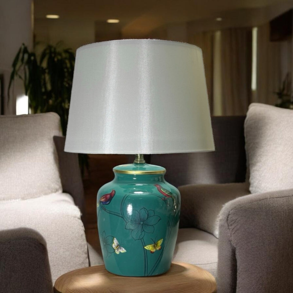 AcaciaHome Modern 39cm Large Floral Ceramic Table Lamp with White Drum Shade