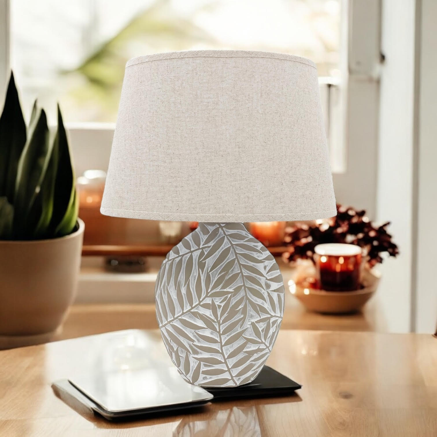 Ceramic Table Lamp with Minimalist Design, Textured Base and Fabric Shade
