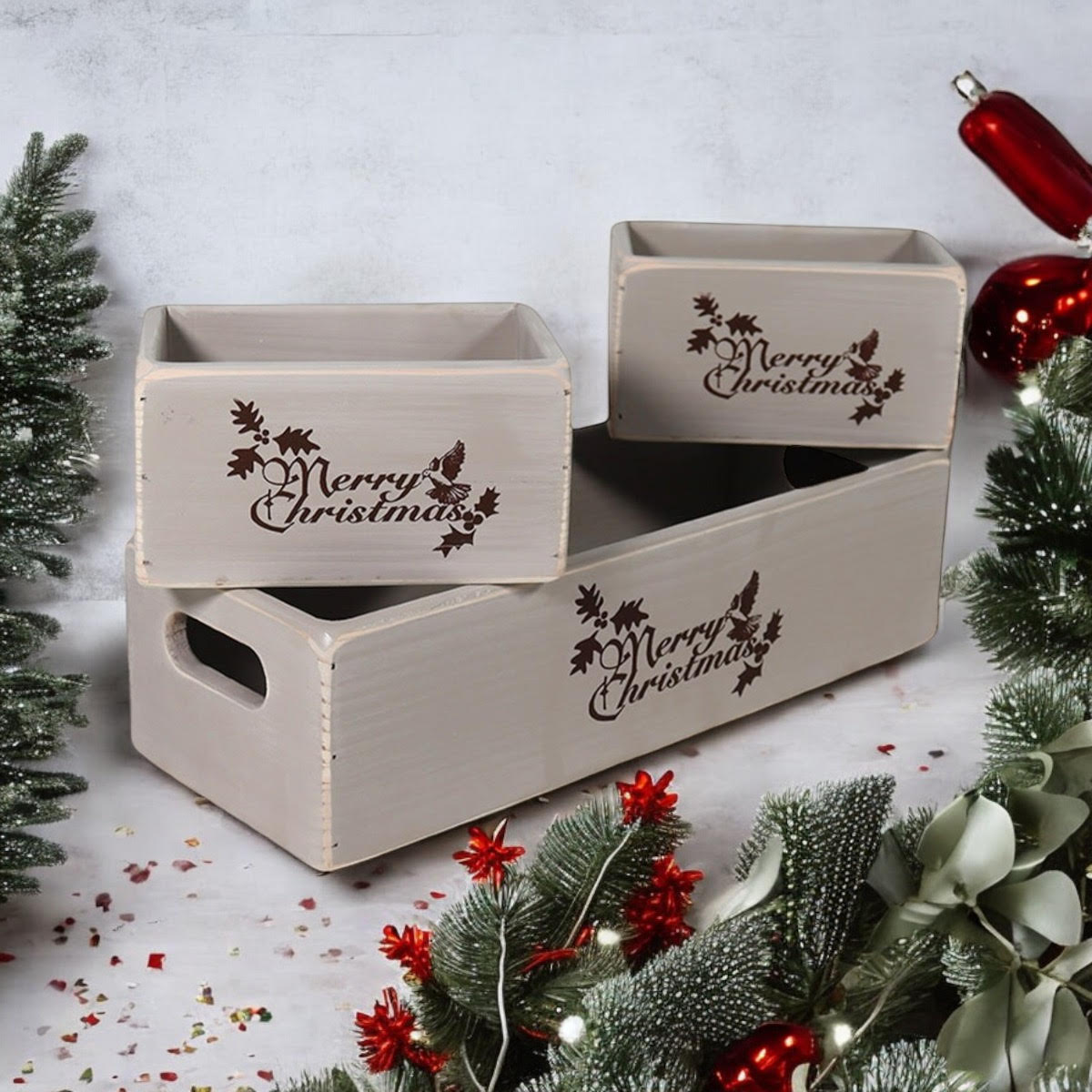 AcaciaHome Stylish and Vintage Wooden Merry Christmas Storage Crate Set (Grey)