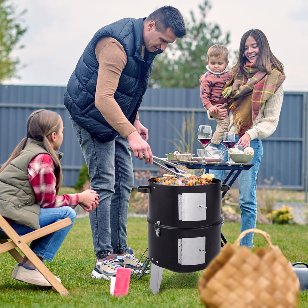 Vertical Steel Charcoal Smoker, Heavy Duty Double Layer Round BBQ Grill
