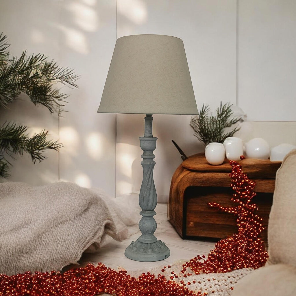 AcaciaHome Modern Tall Wooden Washed Table Lamp (41cm Grey with Cream Shade)