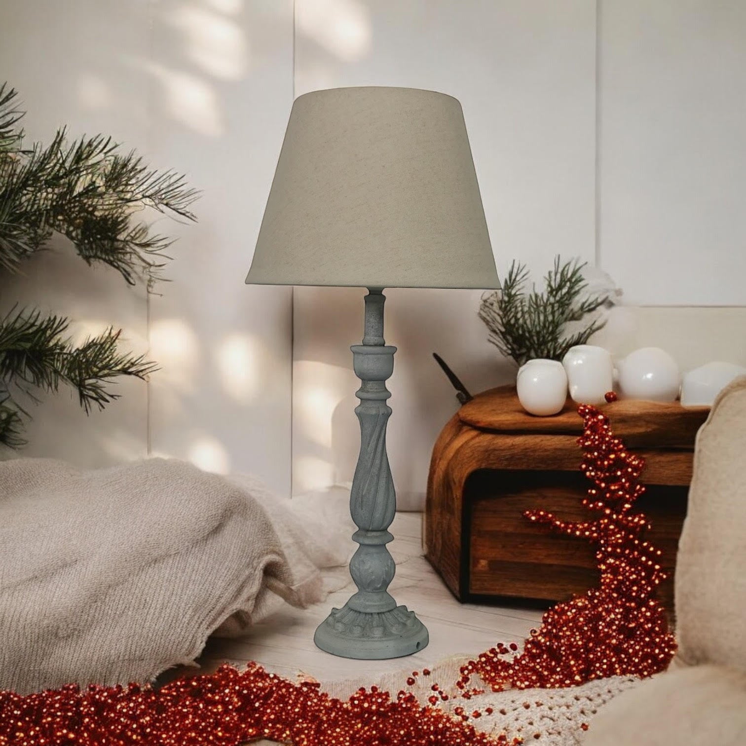AcaciaHome Modern Tall Wooden Washed Table Lamp (41cm Grey with Cream Shade)