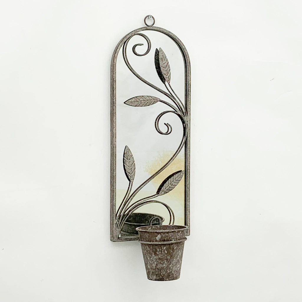 Elegant Rustic Arched Garden Wall Mirror with Flower Pot Holder (1, Leaf Design)