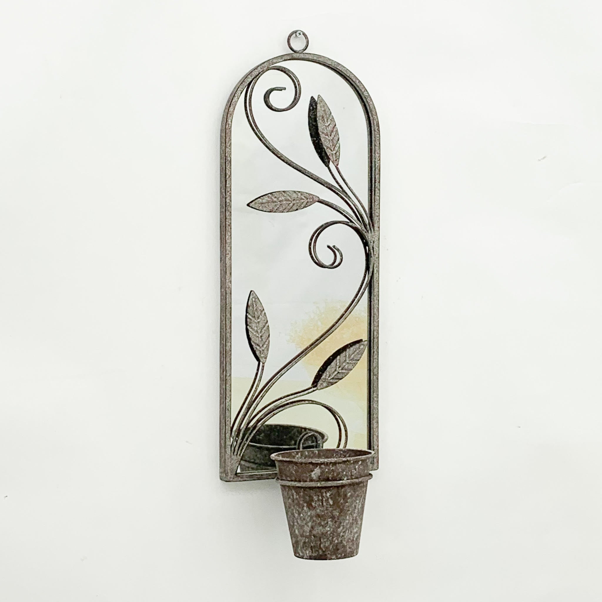 Elegant Rustic Arched Garden Wall Mirror with Flower Pot Holder (1, Leaf Design)