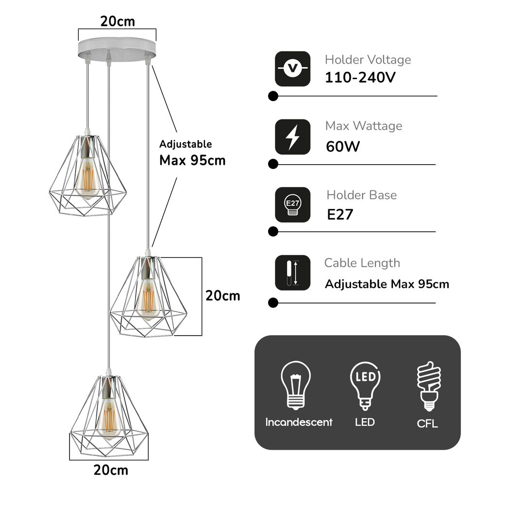 3 Head Round Base Chrome Vintage Metal 20cm Diamond Wire Cage E27 Base Ceiling