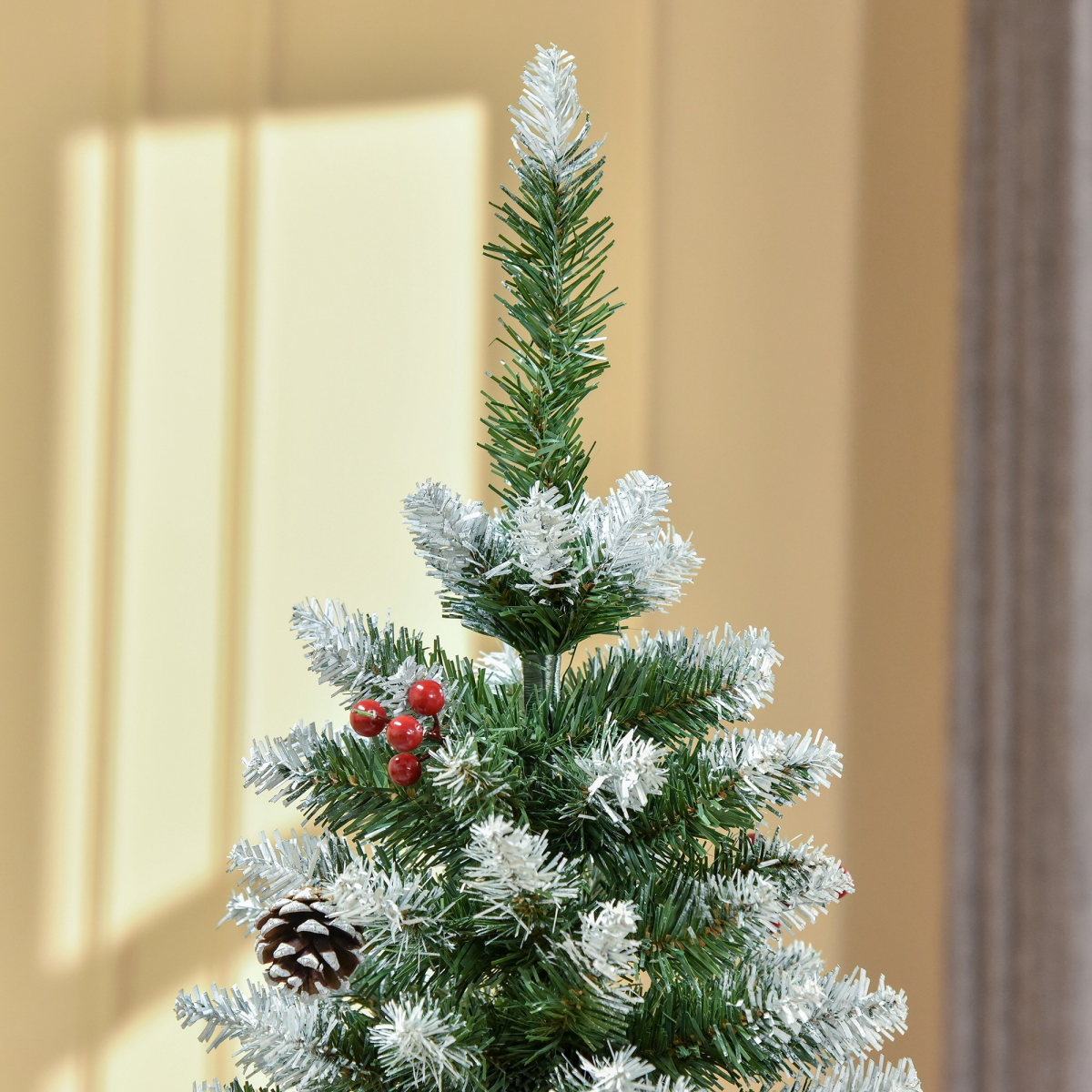5FT Artificial Christmas Tree Pencil Tree Berries Pinecones Foldable Feet Green