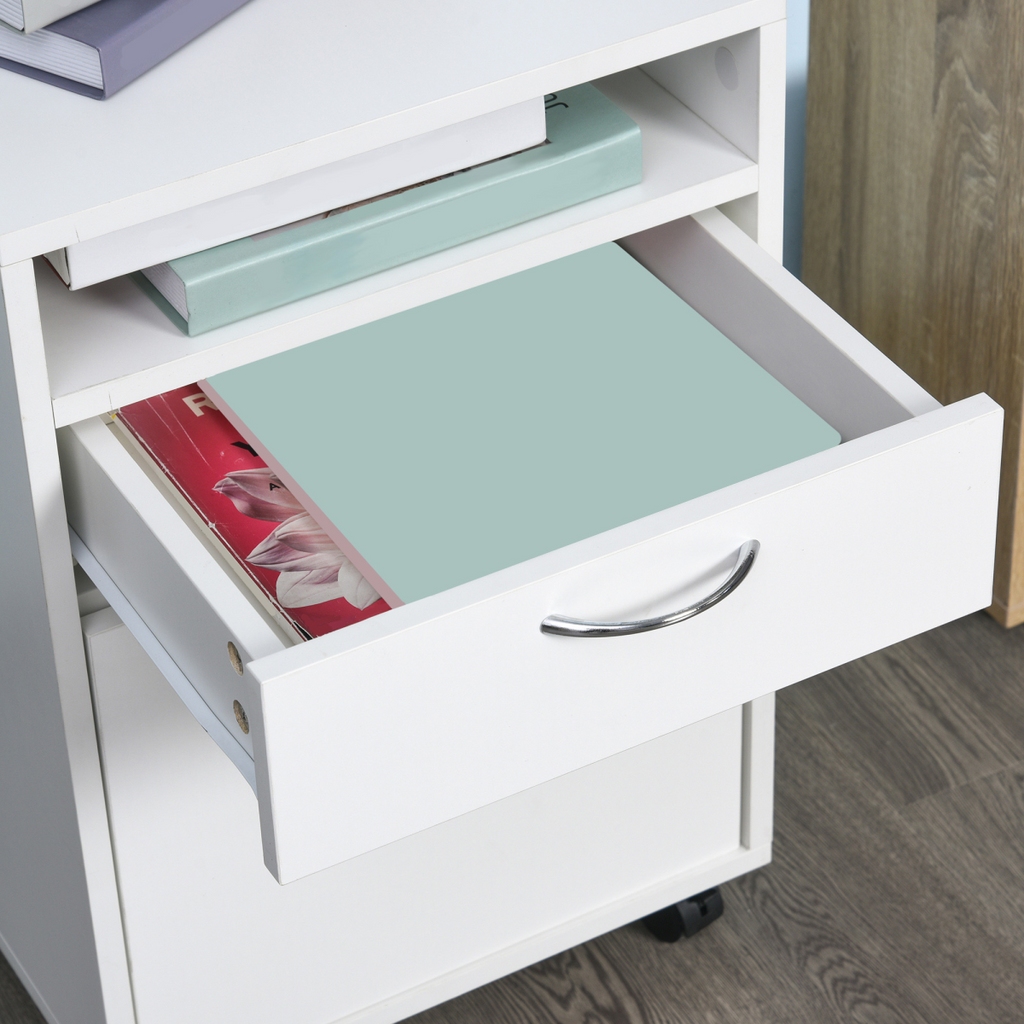 HOMCOM 60cm Storage Cabinet w/ Drawer Open Shelf Metal Handles 4 Wheels White