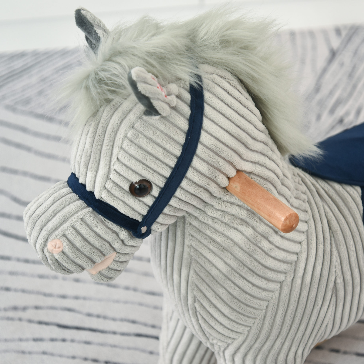 Grey Corduroy Sound-Effect Rocking Horse – Ages 3–6