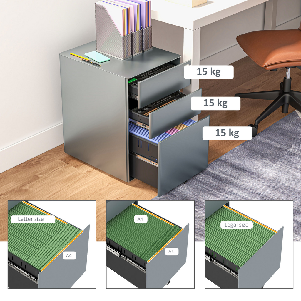 Vinsetto 3 Drawer Metal Filing Cabinet Lockable 5 Wheels Compact Under Desk Grey
