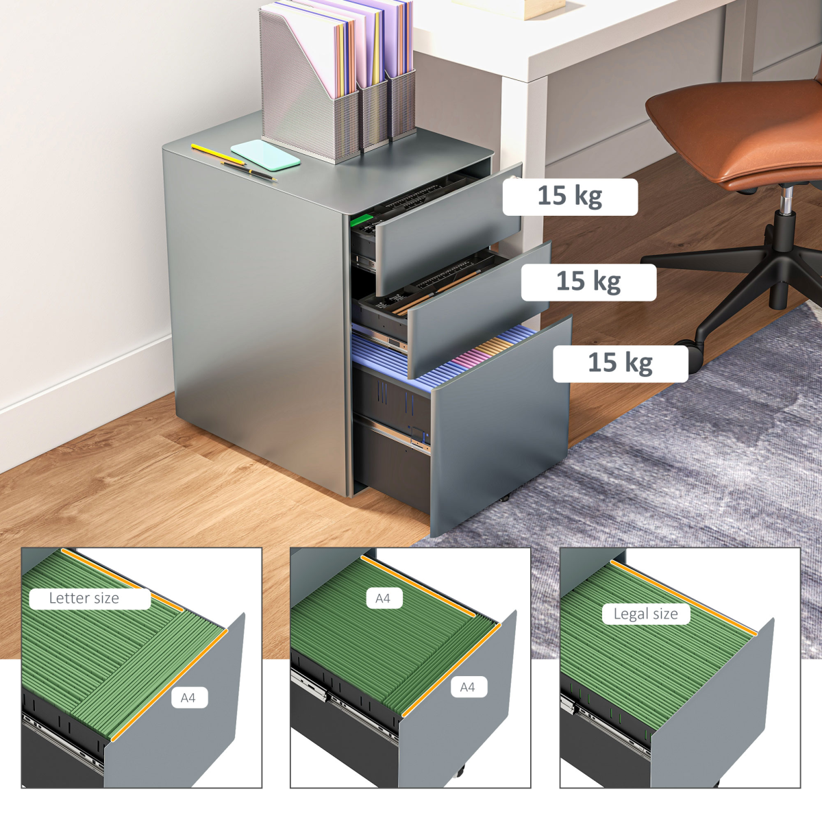Vinsetto 3 Drawer Metal Filing Cabinet Lockable 5 Wheels Compact Under Desk Grey