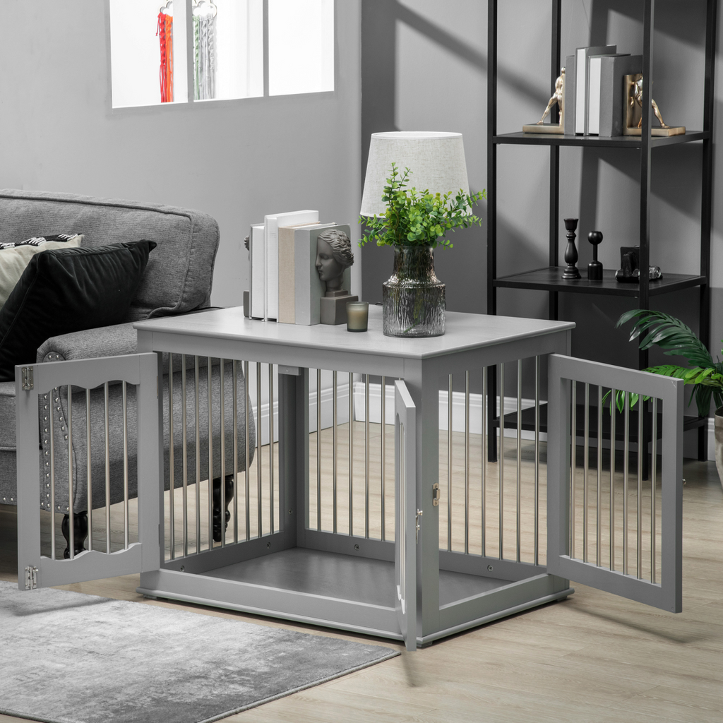 Wood Dog Crate Furniture W/ Three Doors, Locks & Latches, for Medium Dogs