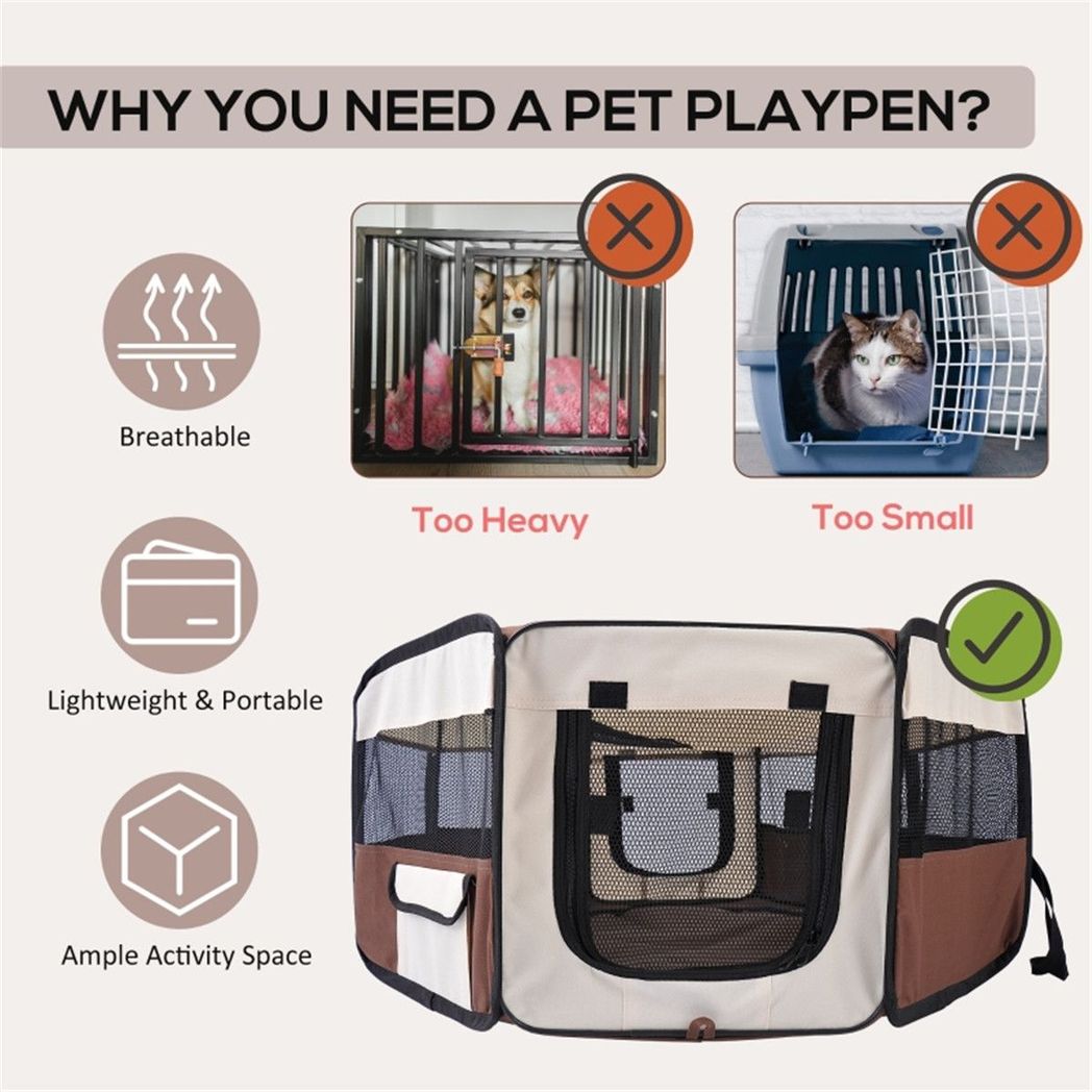 PawHut Foldable Pet Playpen – Brown & Cream, 90cm