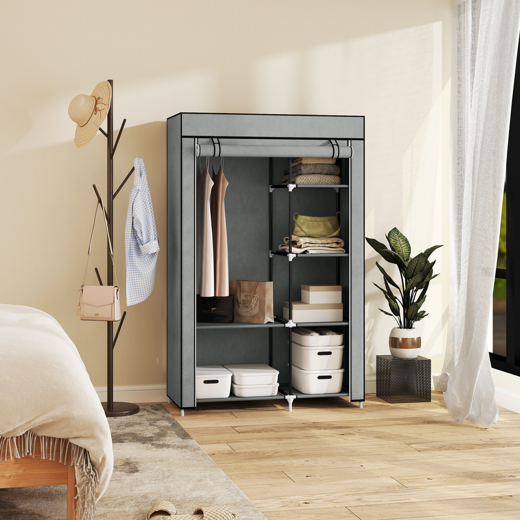 Fabric Wardrobe Portable Wardrobe with 6 Shelves 1 Hanging Rail Light Grey