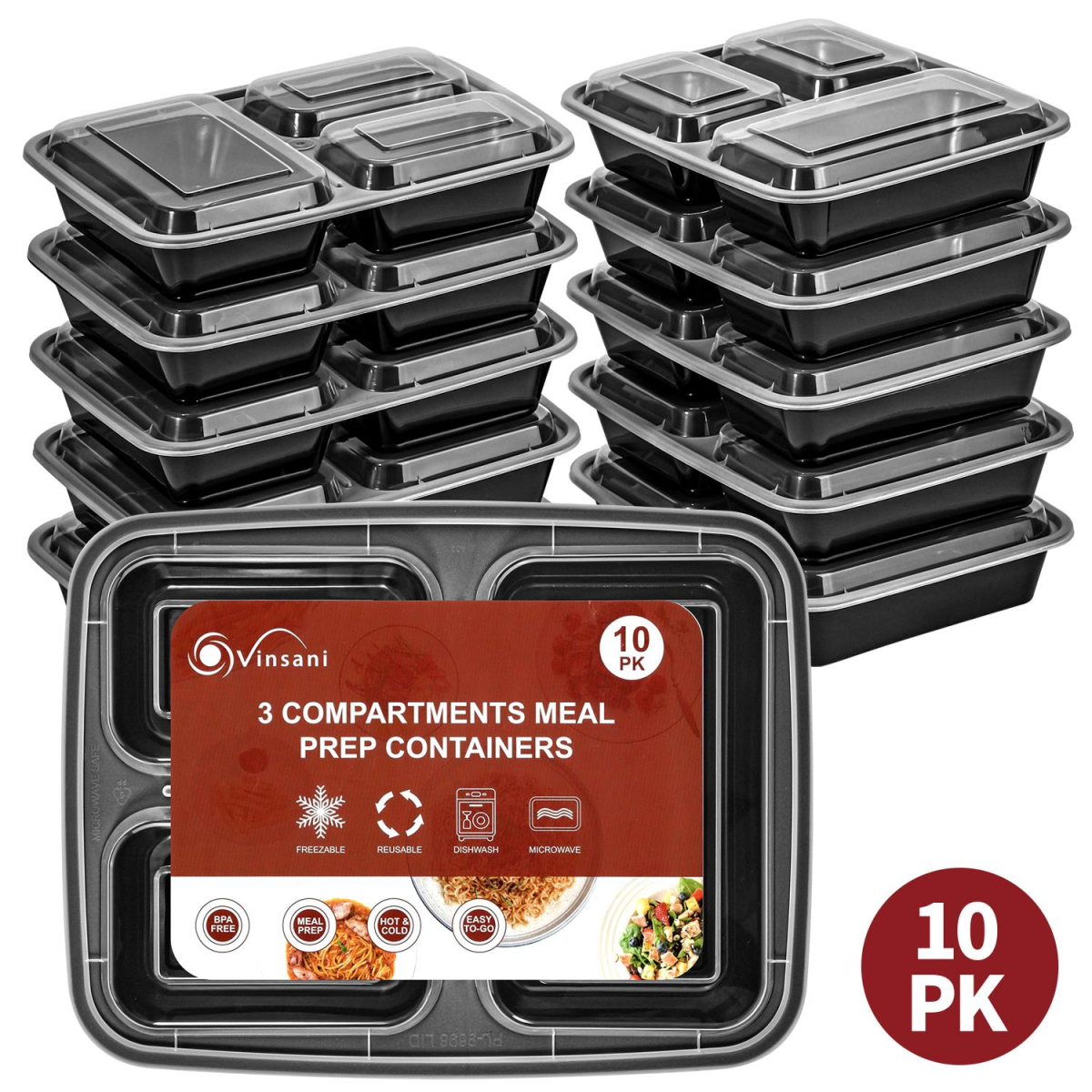 Vinsani 10pk 3 COMPARTMENTS MEAL PREP CONTAINERS