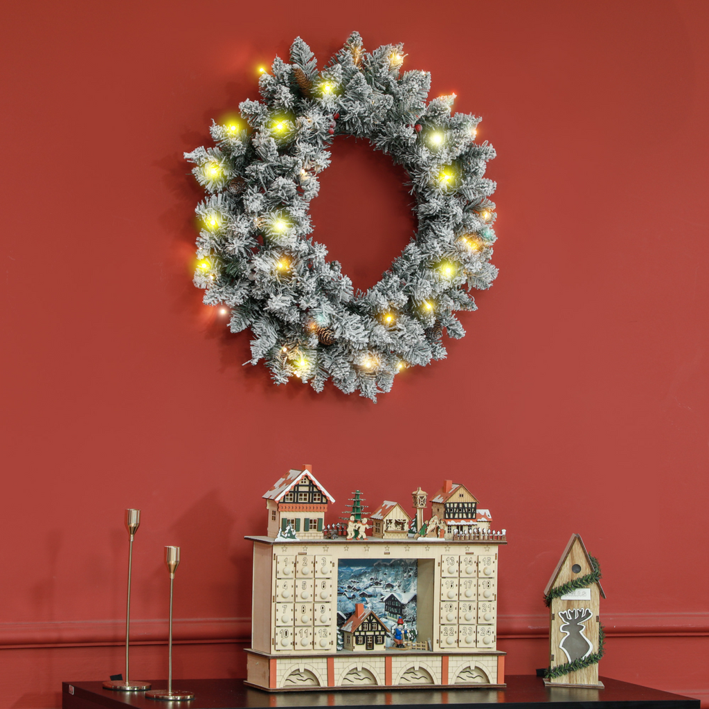 HOMCOM 60cm Flocked Christmas Wreath with Lights Pine Cones Red Berries Green