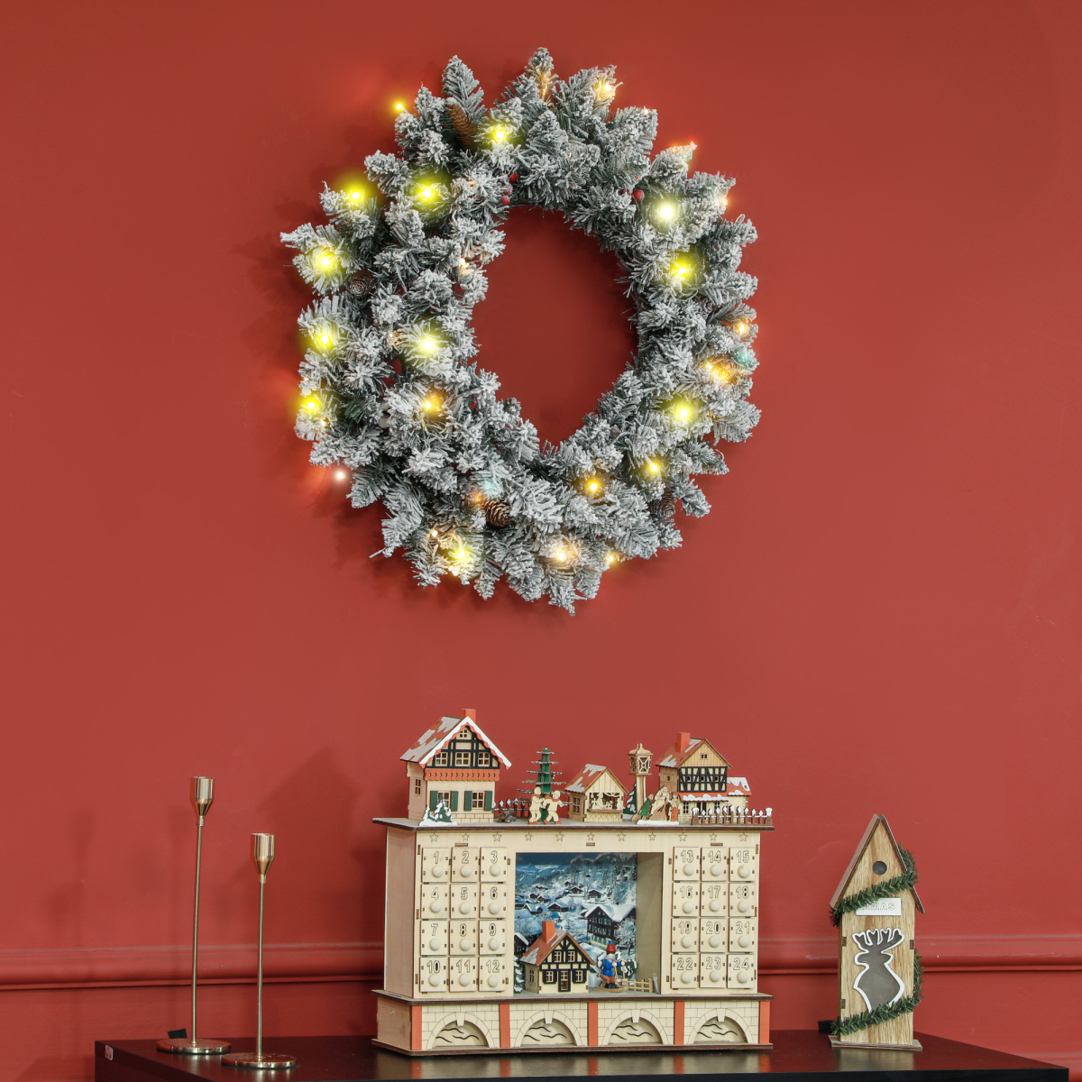 HOMCOM 60cm Flocked Christmas Wreath with Lights Pine Cones Red Berries Green