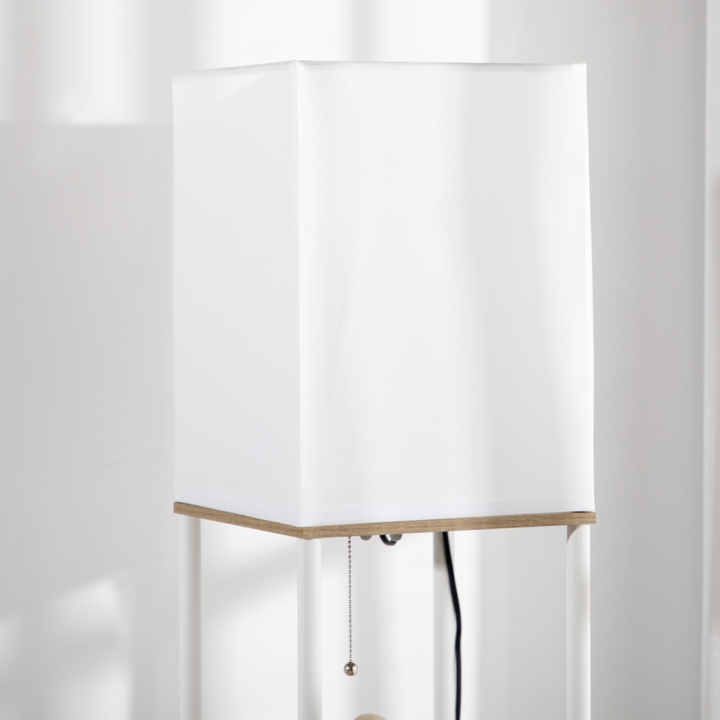 HOMCOM Modern Floor Lamp with Shelves and Fabric Lampshade for Living Room