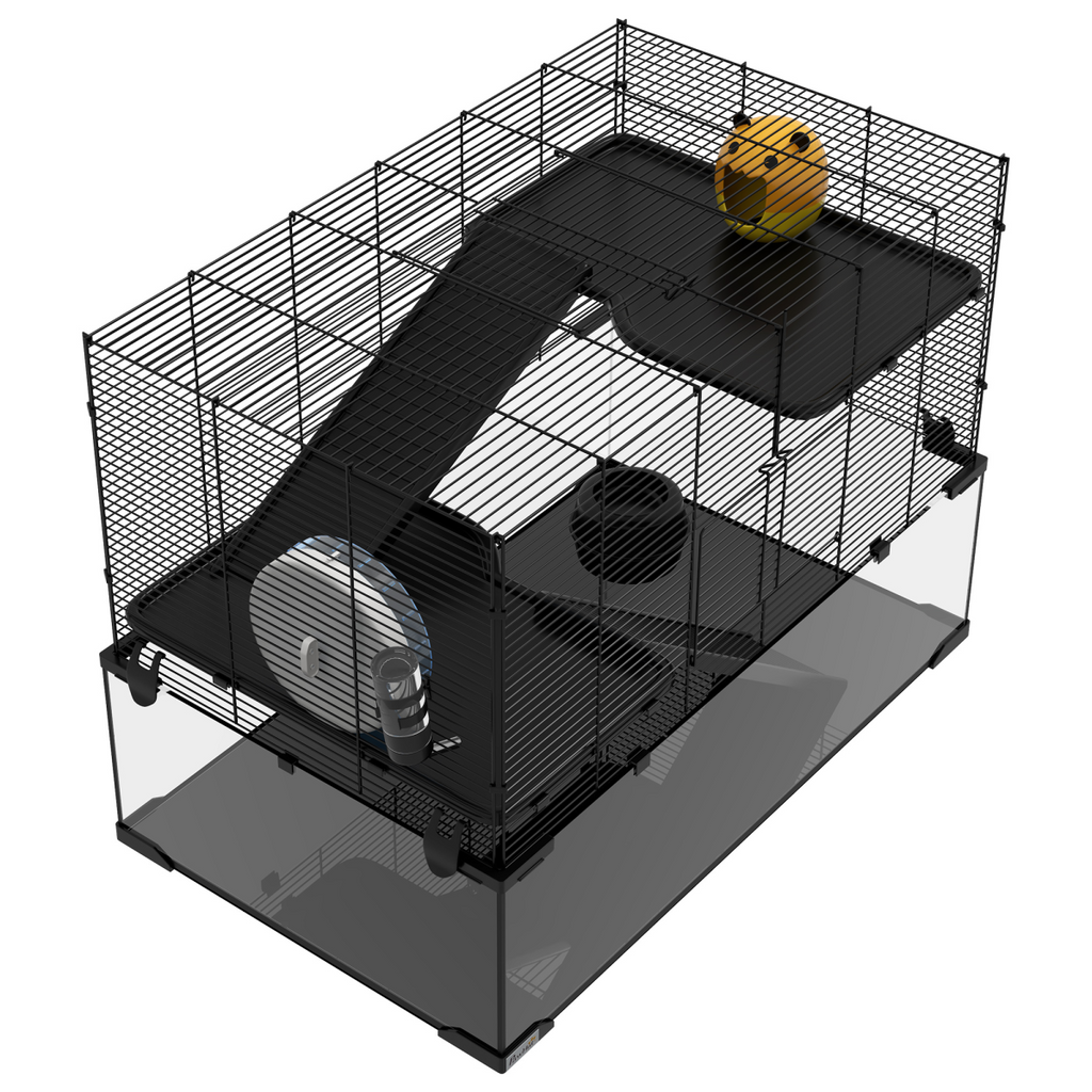 3 Tiers Hamster Cage w/ Deep Glass Bottom, Dish, Hut, 78.5 x 48.5 x 57cm