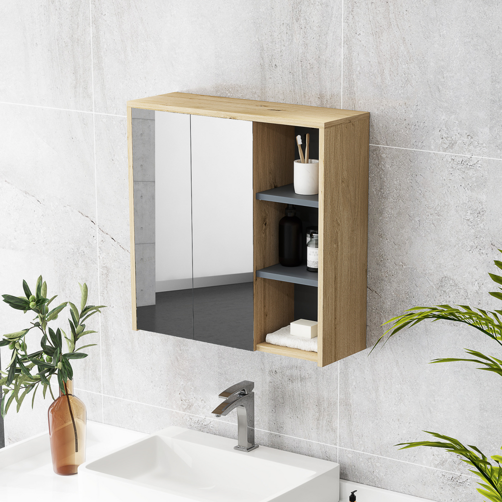 HOMCOM Bathroom Cabinet Wall Mounted Mirror Storage with Shelves Natural
