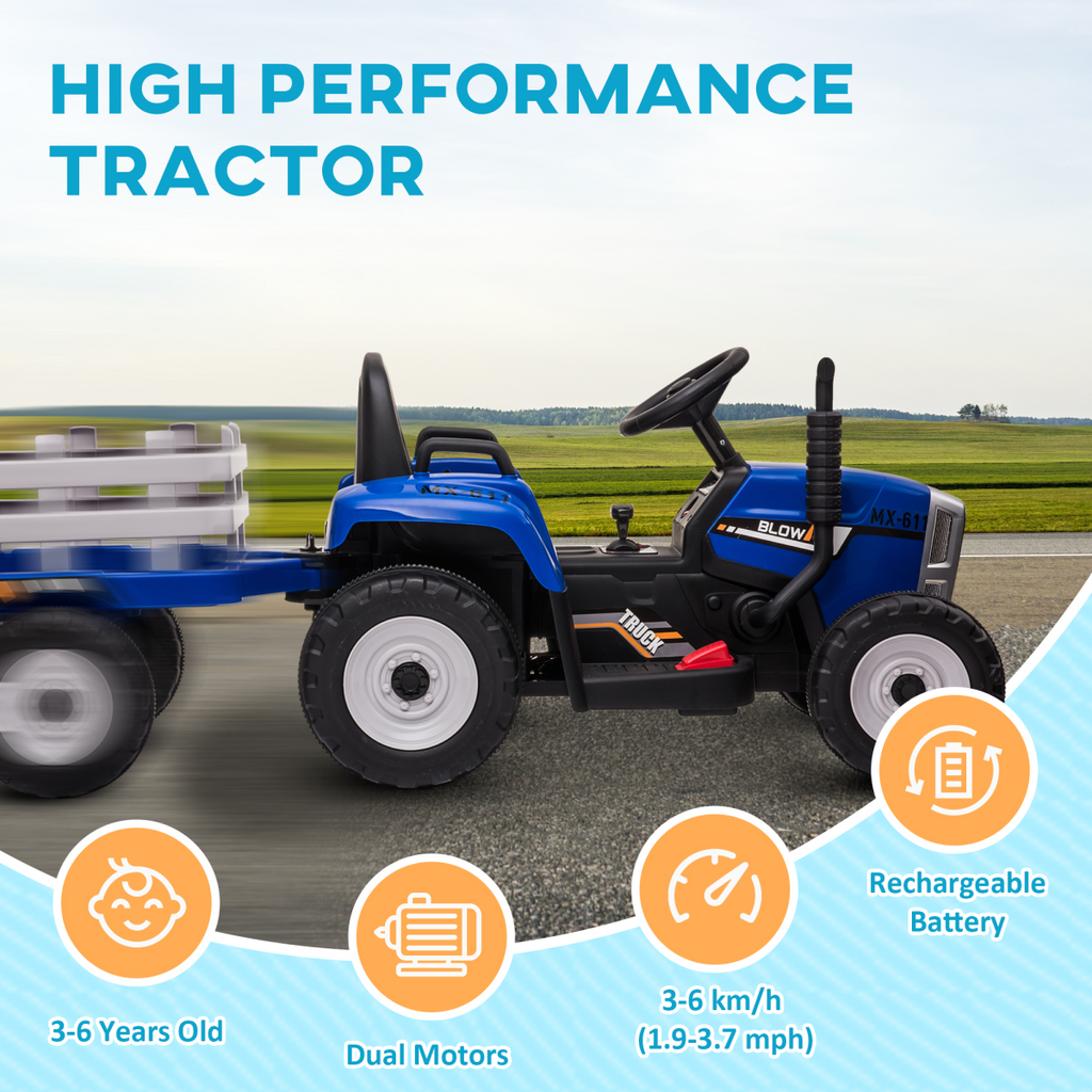 HOMCOM Ride on Tractor with Detachable Trailer, Remote Control, Music - Blue
