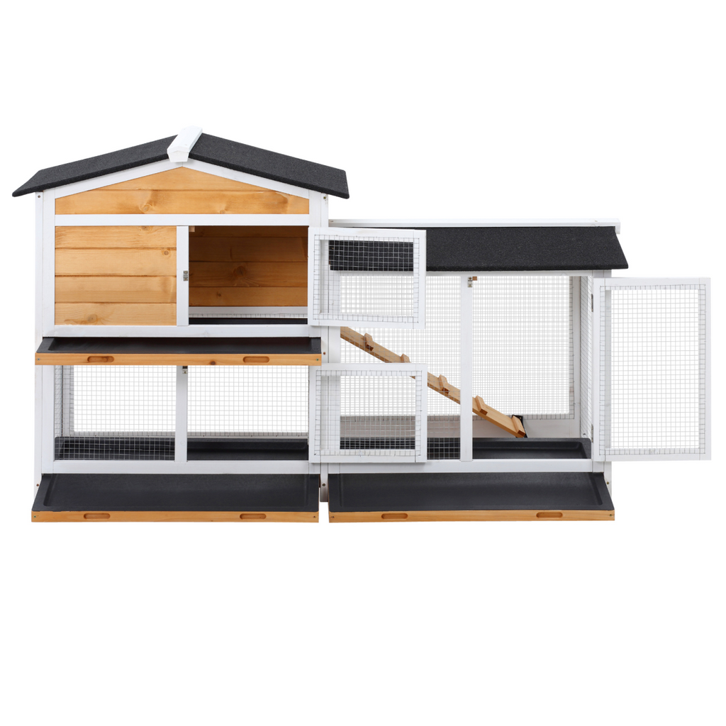 2-Tier Wooden Rabbit Hutch Guinea Pig House Pet Cage Outdoor Tray Ramp Pawhut