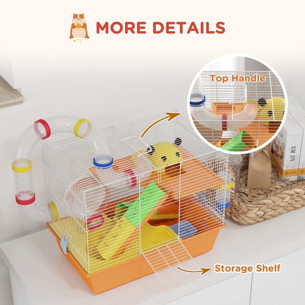 PawHut Hamster Cage, 3 Tiers Gerbil Cage for Dwarf Hamsters with Tubes, Ladder