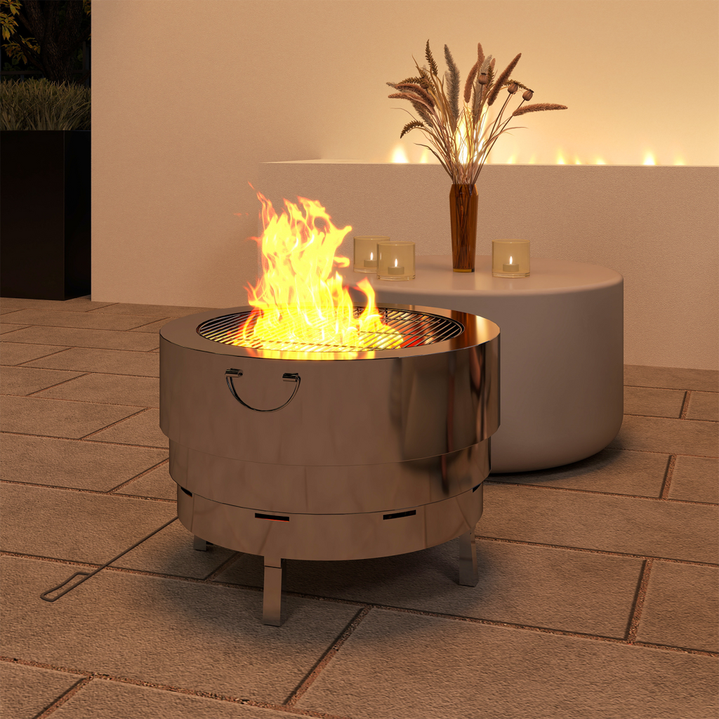 Outsunny Round Fire Pit with Grill Net, Stainless Steel Firepit, Silver